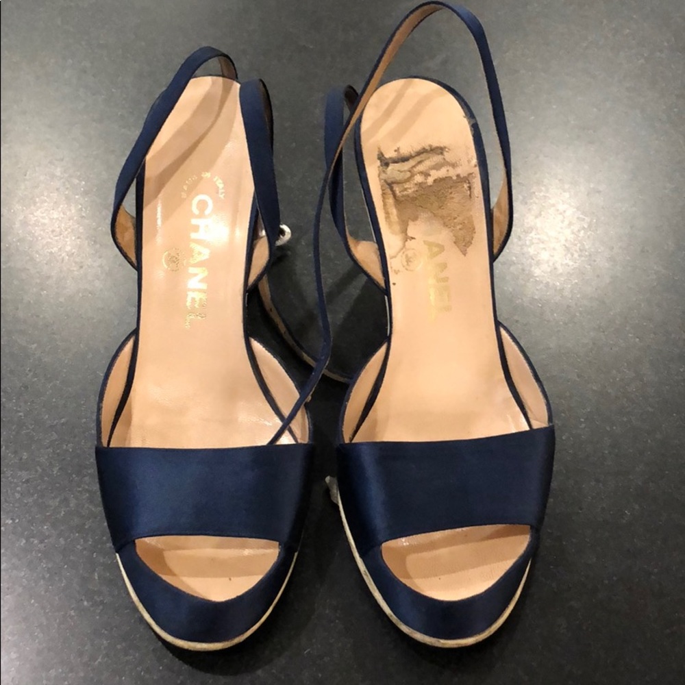 Chanel navy satin wood heel sandals
